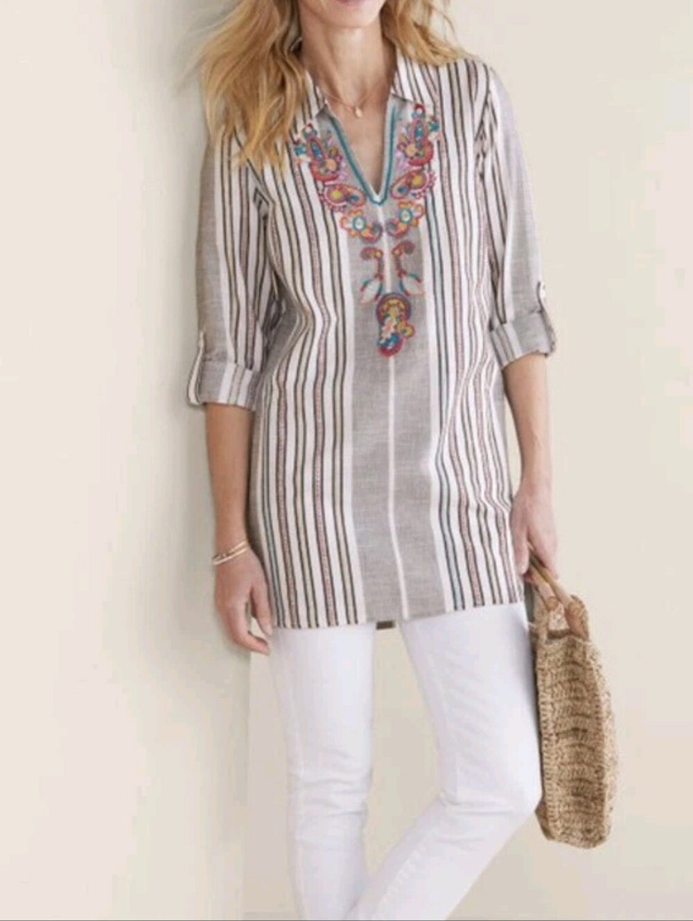 Soft Surroundings Brookhaven Tunic Top Embroidered Stripes Pockets Womens Size L
